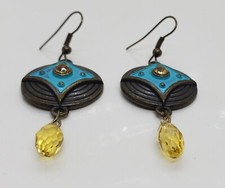 Blue Star Metal Pierced Earrings Yellow Faceted Glass Drop Dangle Design 2"