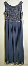 Adrianna Papell Dress Size 14W Navy-Blue Sleeveless Chiffon Beaded Sequin Gown