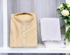 Mens Cream Color Traditional Silk Kurta Pajama- 6646