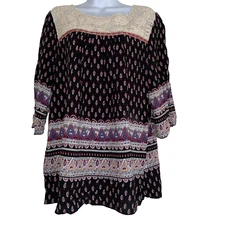 Umgee Blouse Womens Size Medium Multicolor Lace Front Geometric Flowy Peasant