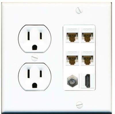 4 Port CAT6 Ethernet Coax 1 HD Wall Plate + Round Power Outlet