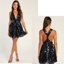 LULUS NWT Got that Glam Navy Blue Sequin Sleeveless Skater Dress S