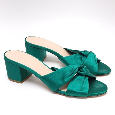 Club Monaco Emerald Green Satin Knot Block Heel Slide Sandals Made in Italy 40