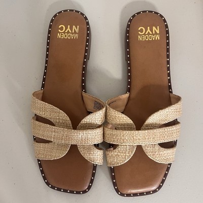 Madden NYC Women's Selina H Band Flat Sandals Sz 9 M Woven Rafia W Gold Studs
