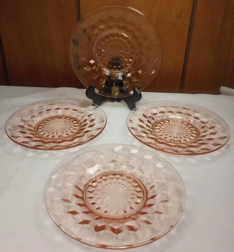 Set of 4 Vintage Jeanette Pink Depression Glass Cube Cubist Saucers