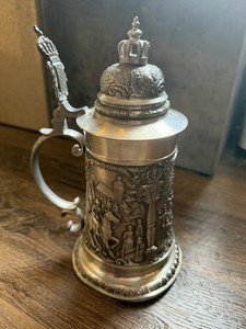 Vintage Collectible Pewter German Beer Stein Hinged Lid Thumb Lift Raised Relief