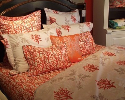 Yves Delorme Queen Duvet Cover Collector Coral White Orange Reef Aquatic Plants