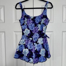 VTG Maxine of Hollywood Swim Dress 16 T Purple Blue Black Floral One Piece EUC