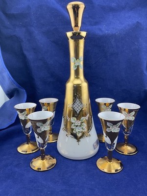 vintage white and gold triplex hand blown czech glass decanter set