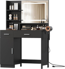 Vanity Desk with LED Mirror and Lights, Makeup Vanity Table with Power Outlet, D