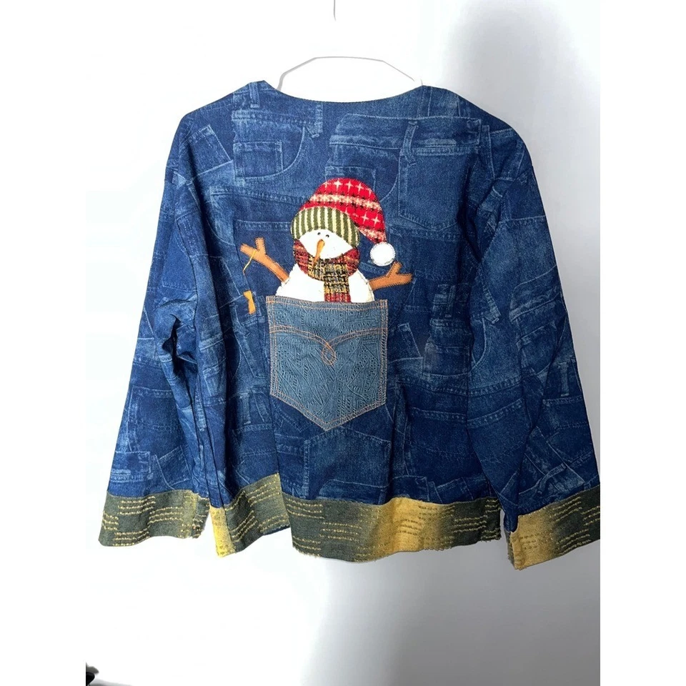 Chaqueta Denim Patchwork Muñeco de Nieve Papá Noel Vacaciones Navidad Jean Abrigo Foto 4 de 4