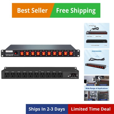 1U PDU Horizontal Rackmount Power Strip - Surge Protector 10 NEMA 5-15R Outle...