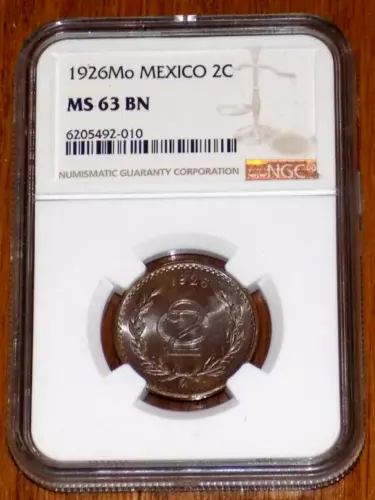 1926 Mo Mexico 2 Centavos 2C NGC MS 63 BN Mexican MS63 Certified UNC COIN