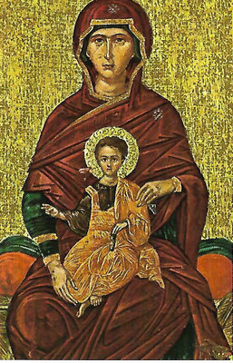 HEILIGE GEBETBUCHKARTE THRONT MADONNA ÖSTLICHER RITUS EUCHARISTIE MARIA KIRCHE 