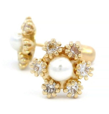 Tioneer 8mm Cluster Flower with Pearl 14k Yellow Gold Screw Back Earrings