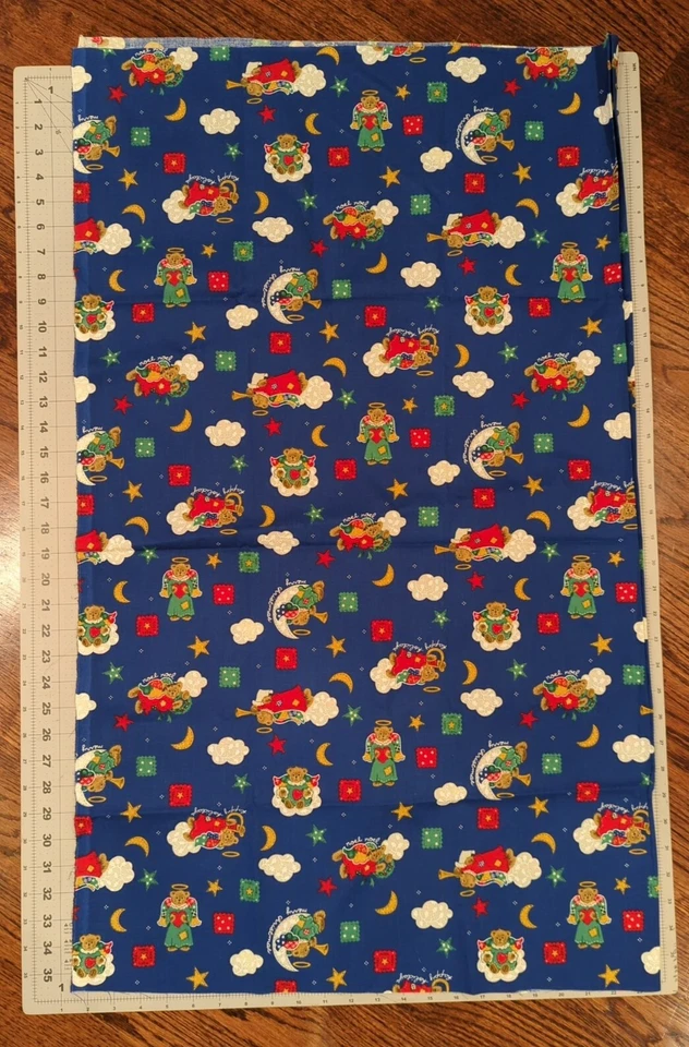 Vtg Angel Teddy Bear Fabric Christmas Traditions Blue Clouds 1 YARD Noel Patches - Image 2 of 4