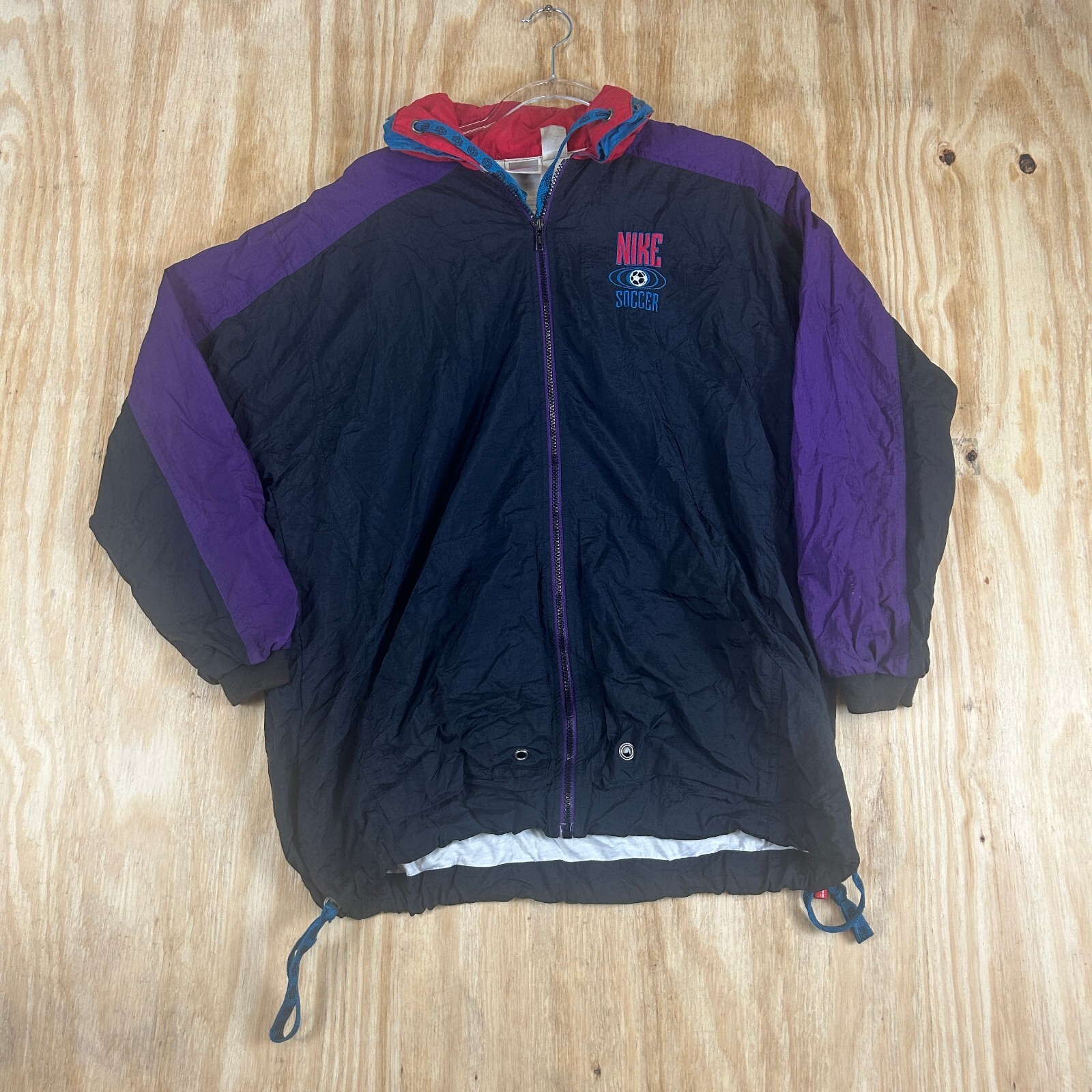 VTG Nike Soccer Windbreaker Full Zip Back Graphic Jacket Mens L Black Purple 90s