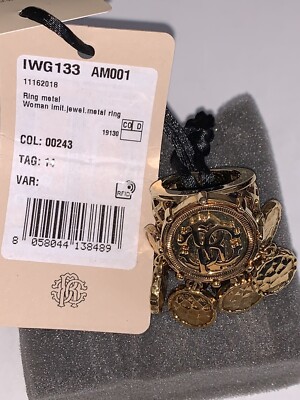 ROBERTO CAVALLI WOMEN ANTIQUE GOLD METAL LOGO PENDANT RING IWG133 AM001 Size 14