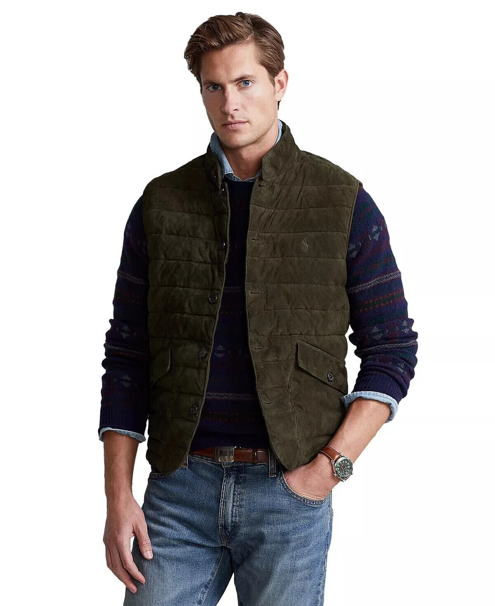 Polo Ralph Lauren Mens quilted suede vest embroidered Pony Dark