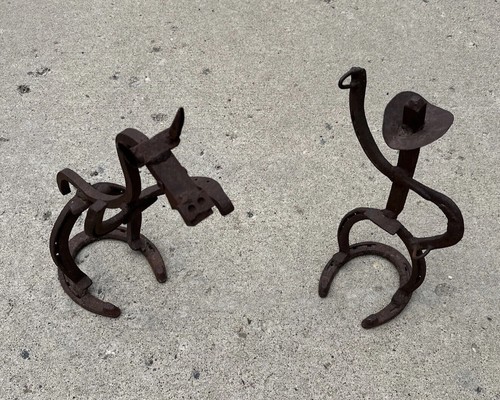 Vtg Metal Horseshoe Cowboy & Horse Blacksmith Sculpture Western Folk Art