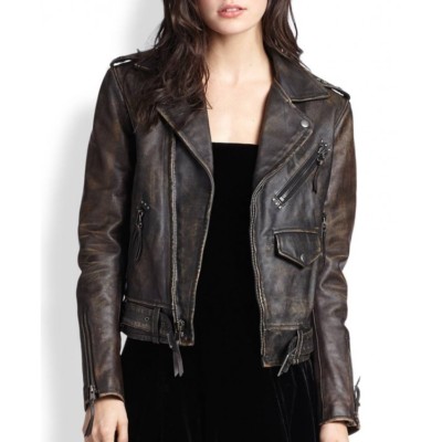 New Women Cafe Racer Moto Biker Distressed Brown Vintage Real Leather Jacket