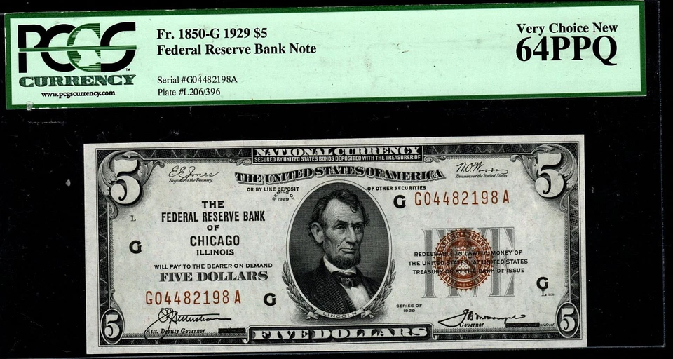 1929 $5 Federal Reserve Bank Note Chicago  FR.1850-G PCGS 64 PPQ G04482198A - Image 2 of 4