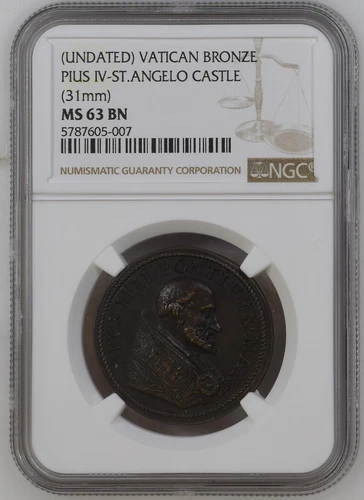 1559-1565, Vatican, Pius IV. Bronze "Castel Sant' Angelo" Medal. NGC MS-63 BN!