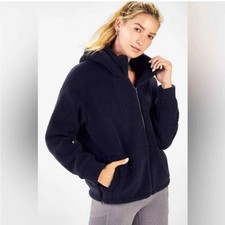 Fabletics Sherpa Jacket Navy Blue Sz Medium Teddy Lotta Fleece Hooded Coat