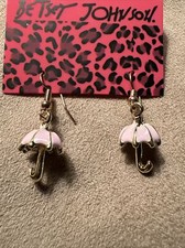 Adorable 3D Pink With Gold Enamel Umbrella Dangle Earrings