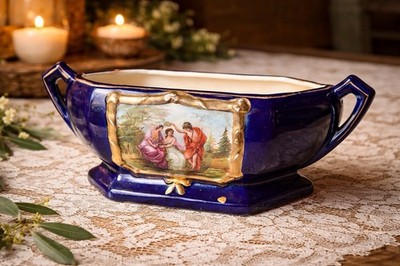 JS Cobalt Blue Porcelain Centerpiece Gold Gilt Romantic Scene Handled Vessel