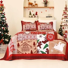 Christmas Quilt Bedding Set King Size,Christmas Snowflakes Santa Claus Pattern