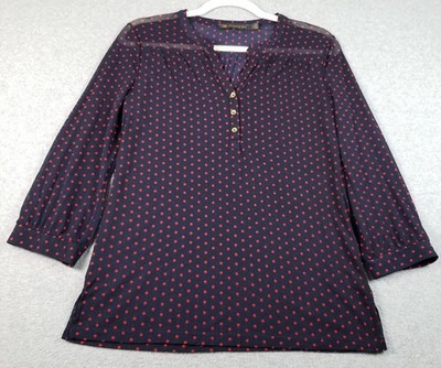 OUTBACK RED Top Women s Medium M Blue Red Polka Dots ¾ Sleeve Sheer Stretch Thin