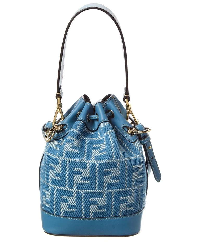 Bolso cubo Fendi Mon Tresor Mini Ff jacquard y cuero para mujer azul