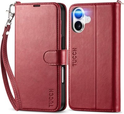TUCCH Hülle für iPhone 16 6,1'', Wallet Leder Faltbar Schutzhülle - Dunkelrot
