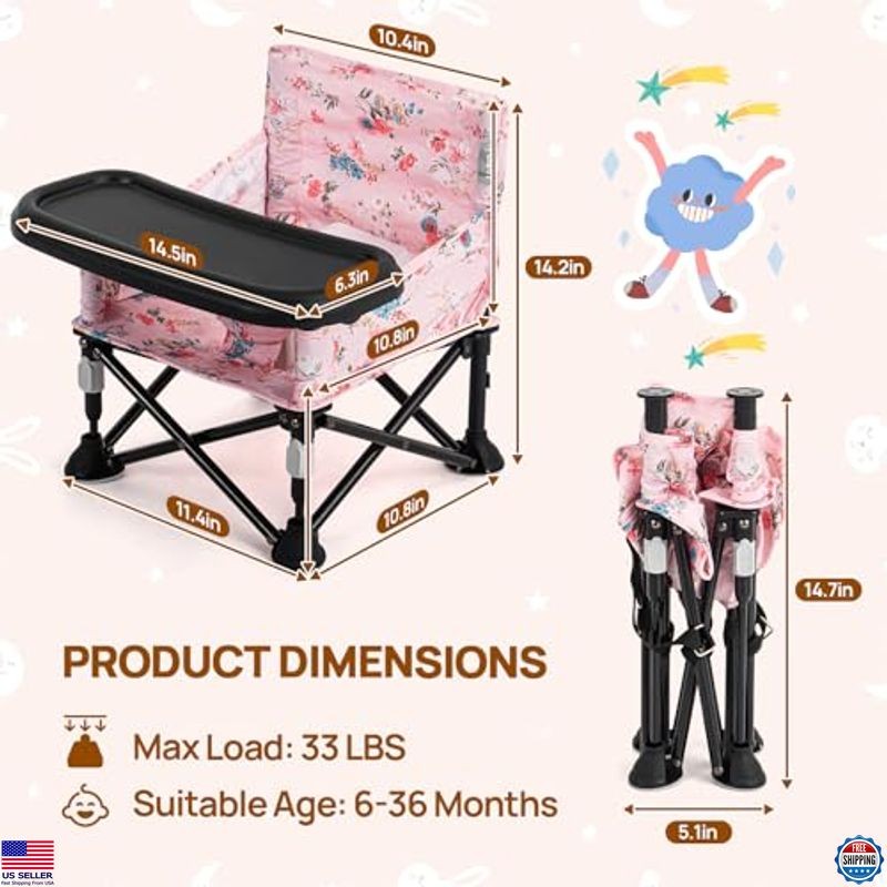 Chic Pink Floral Booster Seat with Removable Tray - Portable Foldable Baby Chair