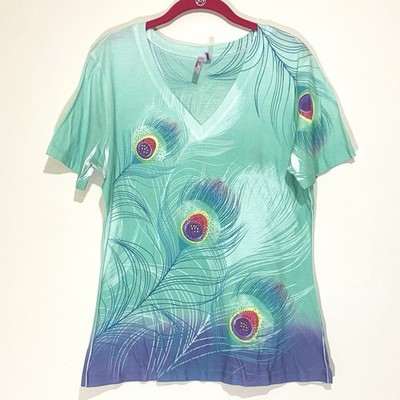 Y2K Kiara Bedazzled Rhinestone Peacock Feather Print V Neck Top Spring/Summer L