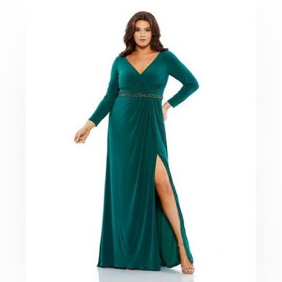 Mac Duggal Plus Size Beaded Belt Jersey Faux Wrap Long Sleeve Gown Green Size 24