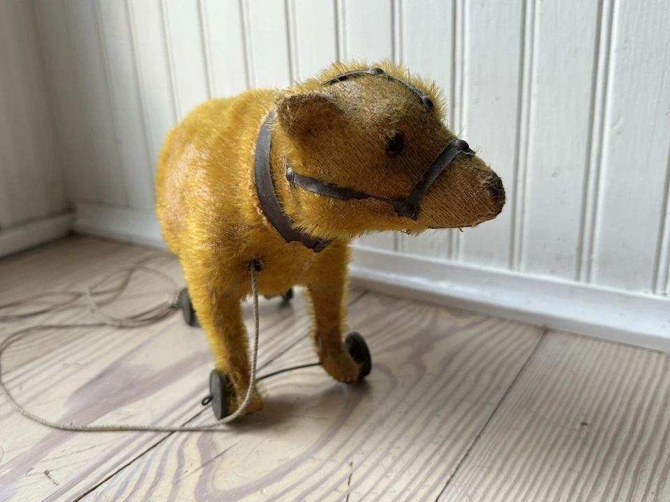 古董德国马戏团熊拉玩具-早期玻璃眼马海毛熊原版复古 — 第 4/4 张图片