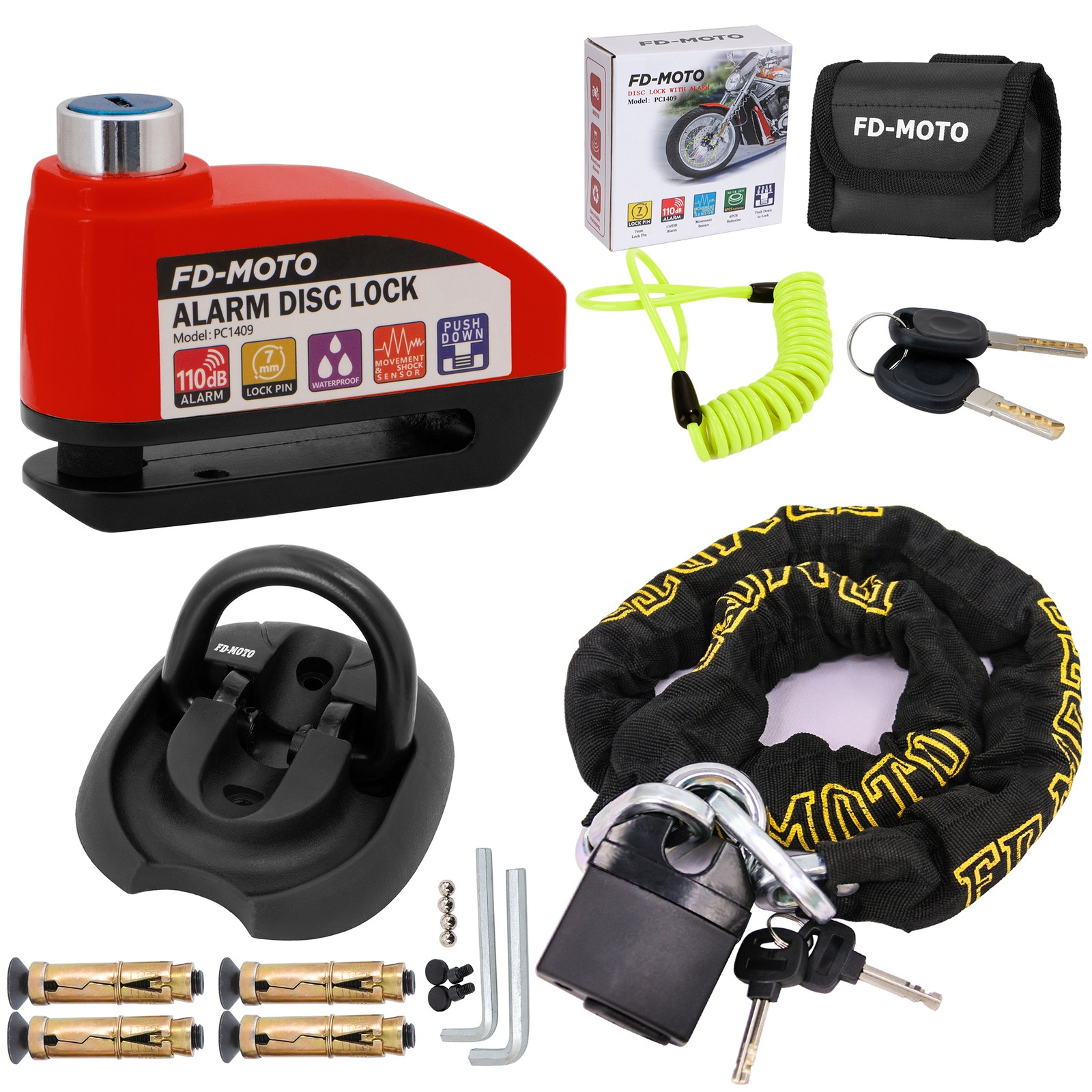 FD-MOTO 1.2M*10mm Chain Lock & Motorbike Alarm Brake Disc Lock & Wall Anchor