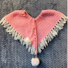 Handmade Crochet Baby Poncho Pink White Fringe Pom Pom Vintage Style Cape Boho
