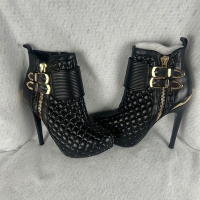 Katy Perry The Wrkit Bootie Womens 7.5 Black Quilted Leather Gold Buckle
