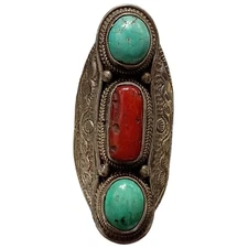 Like A Goddess 1920s Tibetan Turquoise Sterling Silver Coral Ringsz11