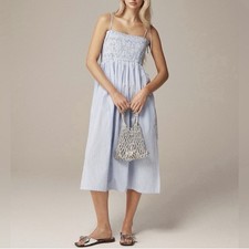 J.Crew Paloma Striped Cotton Smocked Shoulder Tie Poplin Midi Dress S Blue