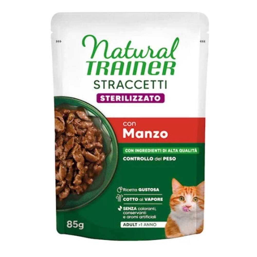 NATURAL TRAINER CAT STRACCETTI STERILIZZATO CON MANZO 85 GR