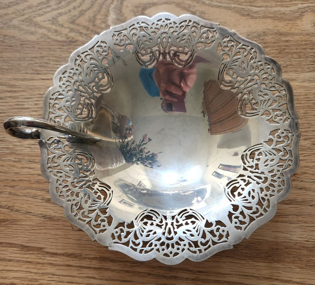Rogers Bros Dish with handle 1847 Silver Filigree Candy Bon Bon