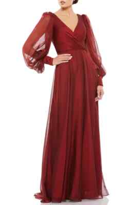 Mac Duggal Garnet Red Illusion Long Sleeve A-Line Gown Size 10 $398