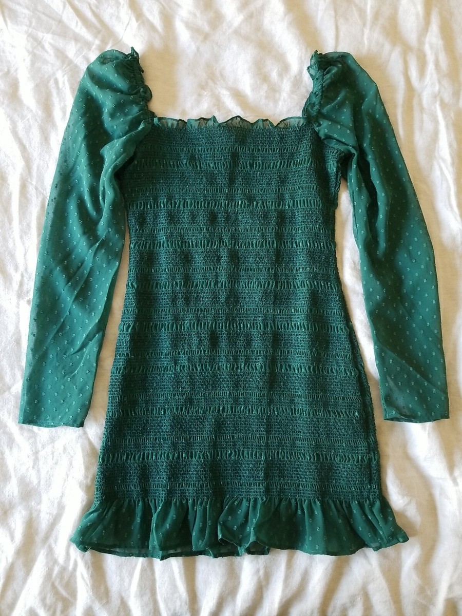 Asos Smocked Green Polka Dot Dress Square Neck US 6 | eBay