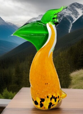 FIFTH AVENUE CRYSTAL LTD  LARGE TOUCAN GREEN YELLOW BIRD 11''  ART GLASS FIGURINE