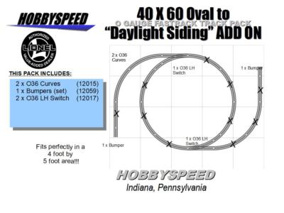 LIONEL FASTRACK 40x60 TO DAYLIGHT SIDING TRACK LAYOUT ADD-ON-PACK design NEW