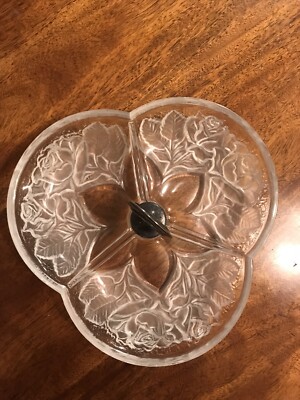Vintage Party Serving Dish Heavy Glass With Handle, Floral Motif